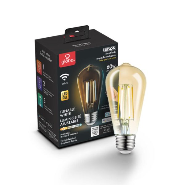 GLOBE ELECTRIC WI-FI SMART 60W EQUIVALENT VINTAGE FILAMENT TUNABLE WHITE DIMMABLE AMBER GLASS LED LIGHT BULB, NO HUB REQUIRED, VOICE ACTIVATED, ST19 SHAPE, E26 BASE - 438DC Online Hot Sale